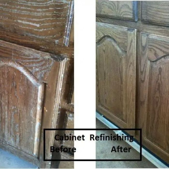 before and after of a refinished cabinet