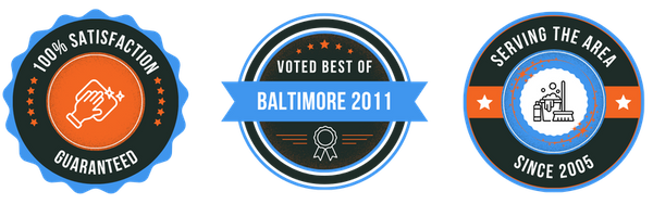three trust badges that read "100% satisfaction guaranteed," "voted best of Baltimore 2011," and "serving the area since 2005."