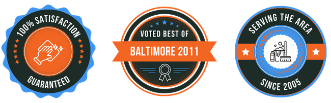 three trust badges that read "100% satisfaction guaranteed," "voted best of Baltimore 2011," and "serving the area since 2005."