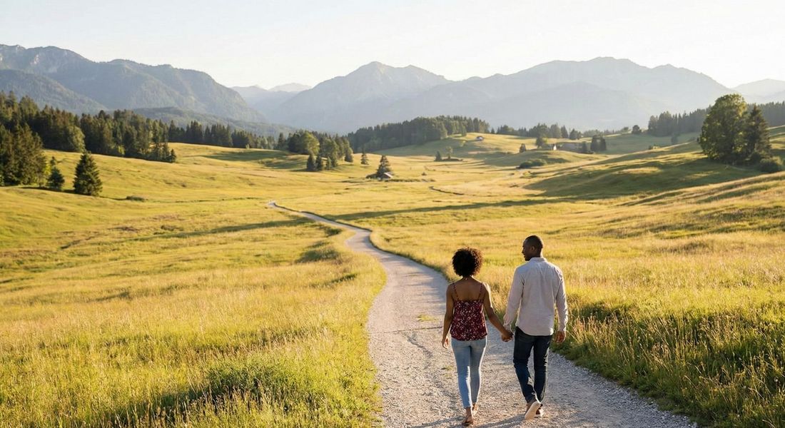couple walking on a trail couple walking on a trail
