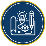 A circular gold-rimmed blue icon graphic showing white line-art of a blueprint layout with a lightbulb, gear, and pencil.