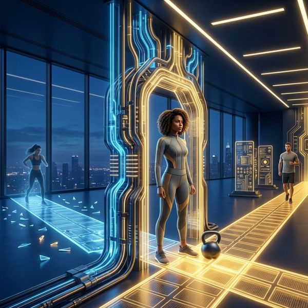 Wide shot of a dark, futuristic gym. The woman athlete stands confidently at the strong golden path, surrounded by integrated pulsing blue and gold power conduits and an arch of gold light. A second runner is visible further down the gold path, with orderl