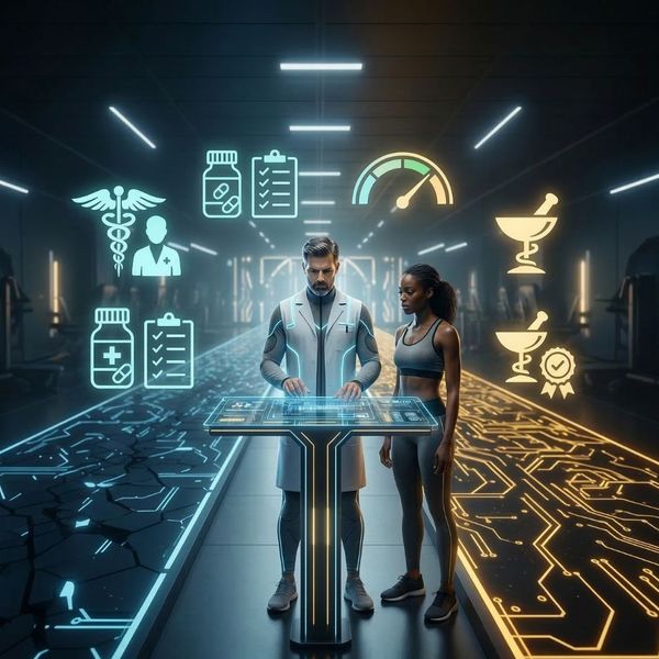 A doctor and an athlete standing in a dark, clean, high-tech fitness lab environment with a city view. Instead of screens with text, four large, clean, symbolic glowing icons represent the system concepts (caduceus, prescription chart, gauge, pharmacy mort