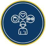 A circular gold-rimmed blue icon graphic showing white line-art of a person with three thought bubbles containing a heart, dumbbell, and salad bowl.