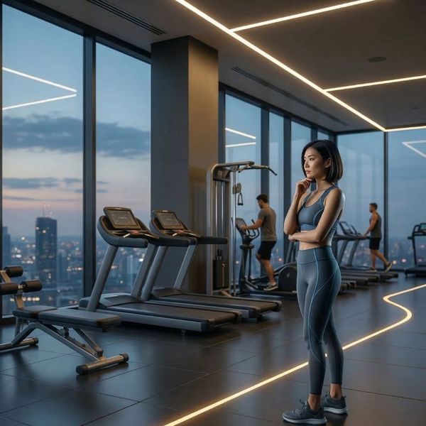 An athletic woman in athletic wear stands in a contemplative pose in a clean, modern, high-rise gym at dusk with panoramic windows overlooking a city skyline. All holographic screens and futuristic data overlays are gone.