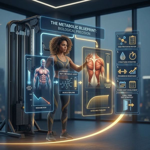 An athletic woman in a high-rise gym at twilight interacting with a large, glowing, multi-panel blue and gold holographic dashboard titled "THE METABOLIC BLUEPRINT: BIOLOGICAL PRECISION." The interface visualizes data on lean muscle preservation, fat loss 