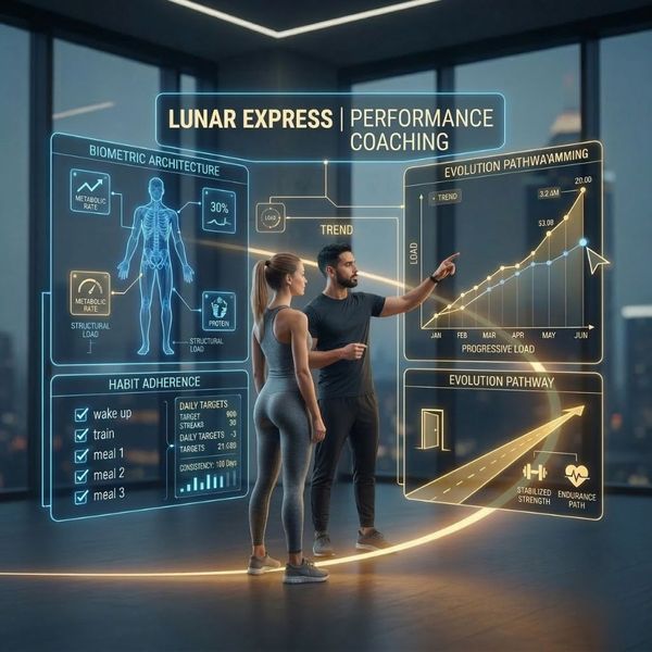 A Hispanic man and Caucasian woman standing in a significantly simplified futuristic high-rise gym. They are observing only two streamlined holographic panels: "LUNAR EXPRESS | PERFORMANCE COACHING" on the left and a simplified "EVOLUTION PATHWAY" graph on