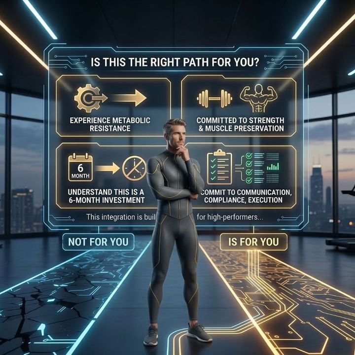 A Caucasian man with neat hair standing in a high-tech athletic gray and gold bodysuit, standing on a split-logic floor (blue fractured vs gold circuit) in a high-rise gym with a city view. Above him, a transparent holographic interface verbatim reads "IS 