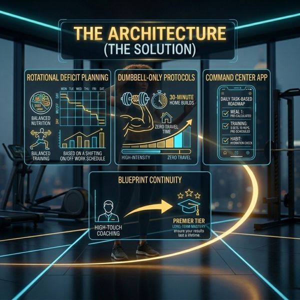 A multi-panel, high-tech infographic titled "THE ARCHITECTURE (THE SOLUTION)" within a dark, sleek penthouse gym at dusk. Four detailed panels—'Rotational Deficit Planning', 'Dumbbell-Only Protocols', 'Command Center App', and 'Blueprint Continuity'—are pr