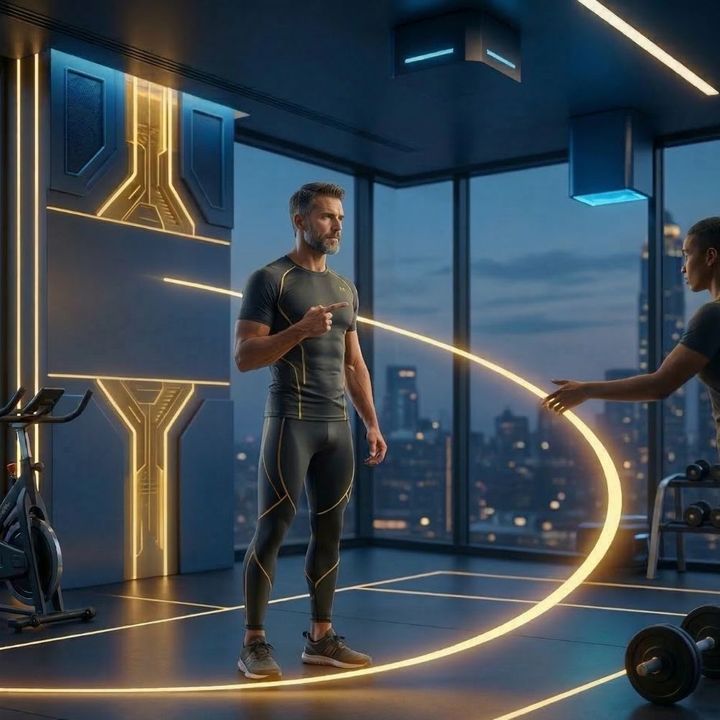 Inside the futuristic high-rise gym at twilight, a mature, middle-aged man with a neat grey beard and pointing pose replaces the younger man. On the left wall, the complex red laser-grid is completely gone, replaced by a clean, sophisticated, high-tech pan