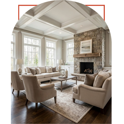 A luxurious living room remodel in Brookhaven with a coffered ceiling, large windows, and a stone fireplace