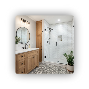 A modern farmhouse bathroom remodel featuring a natural wood vanity, white quartz countertops, black fixtures, and a subway tile walk-in shower with patterned floor tiles