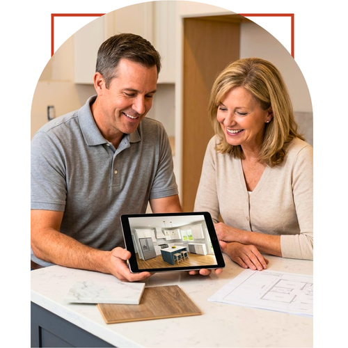 a friendly, smiling remodeling contractor showing a digital tablet with a 3D color rendering of a newly planned bathroom layout to a happy female homeowner