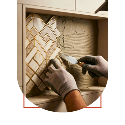 a skilled artisan's gloved hands meticulously setting intricate marble mosaic tile into a precise geometric pattern within a bathroom niche