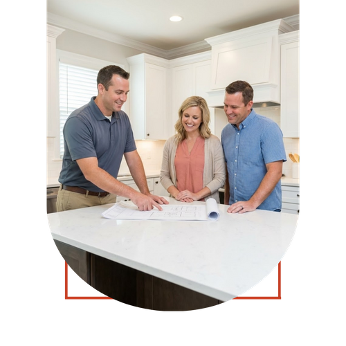 A professional contractor reviewing renovation blueprints with a smiling homeowner couple in a newly remodeled kitchen
