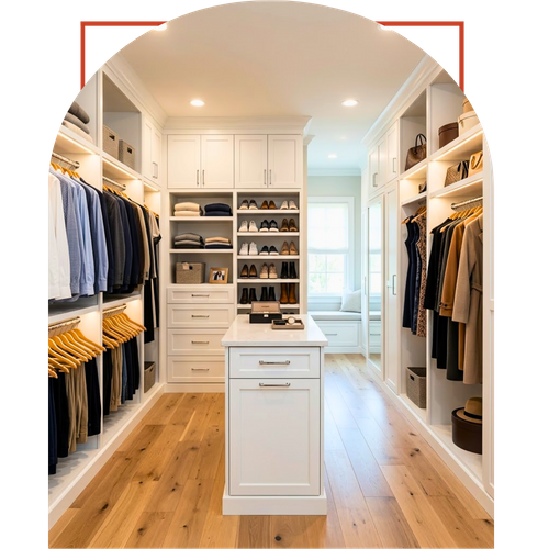 a meticulously renovated and organized master walk-in closet in a Ball Ground home. The space features floor-to-ceiling white custom cabinetry, polished chrome hardware, integrated lighting, and wide-plank hardwood flooring