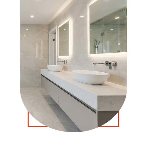 Modern master bathroom remodel in Milton featuring a large walk-in glass shower, freestanding soaking tub, and double floating vanity.