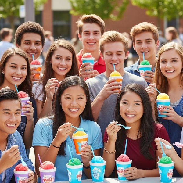 Happy students enjoying water ice during a school fundraiser. Happy students enjoying water ice during a school fundraiser.