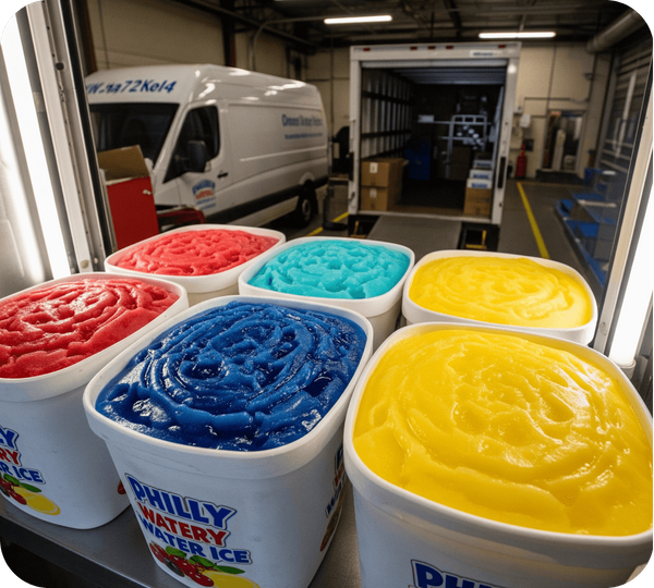 Several large, colorful tubs of wholesale Philly water ice stacked and ready for delivery to local businesses. Several large, colorful tubs of wholesale Philly water ice stacked and ready for delivery to local businesses.
