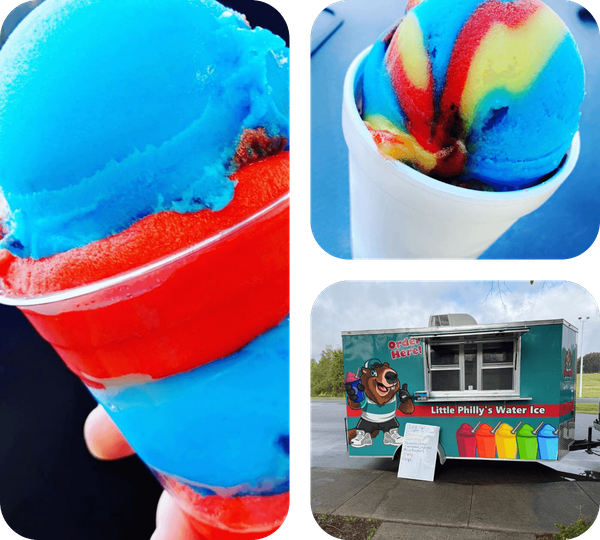collage of Little Philly's Water Ice creations and trailer collage of Little Philly's Water Ice creations and trailer