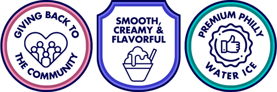 Trust Badges - Content:   Badge 1: Giving Back To The Community  Badge 2: Smooth, Creamy & Flavorful  Badge 3: Premium Philly Water Ice