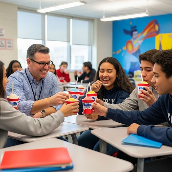 Teacher and students sharing a moment over water ice in a school setting. Teacher and students sharing a moment over water ice in a school setting.