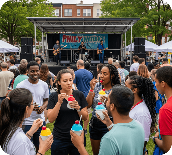 A diverse group of smiling people of all ages enjoying colorful cups of Philly water ice at a sunny outdoor community event. A diverse group of smiling people of all ages enjoying colorful cups of Philly water ice at a sunny outdoor community event.