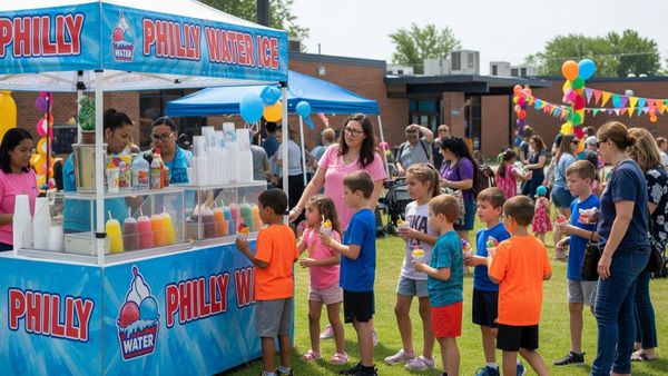 A vibrant school event with a Philly water ice stand, children and families enjoying water ice.