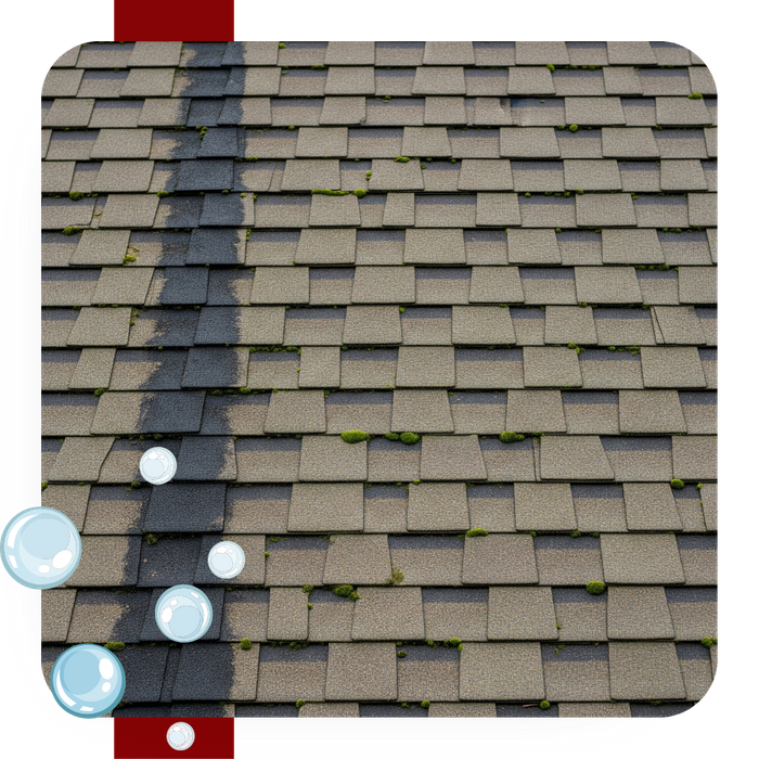 Close-up of black algae stains and moss on an asphalt shingle roof.