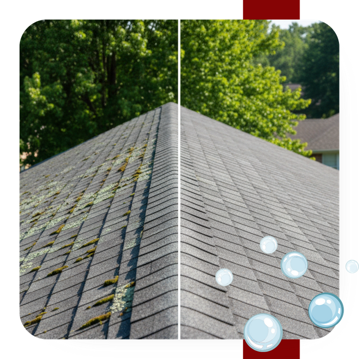 a side-by-side of a dirty roof and clean roof after cleaning