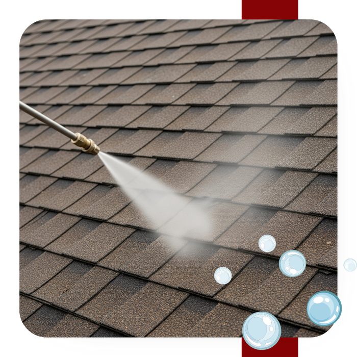 Gentle soft wash solution being sprayed onto an asphalt roof