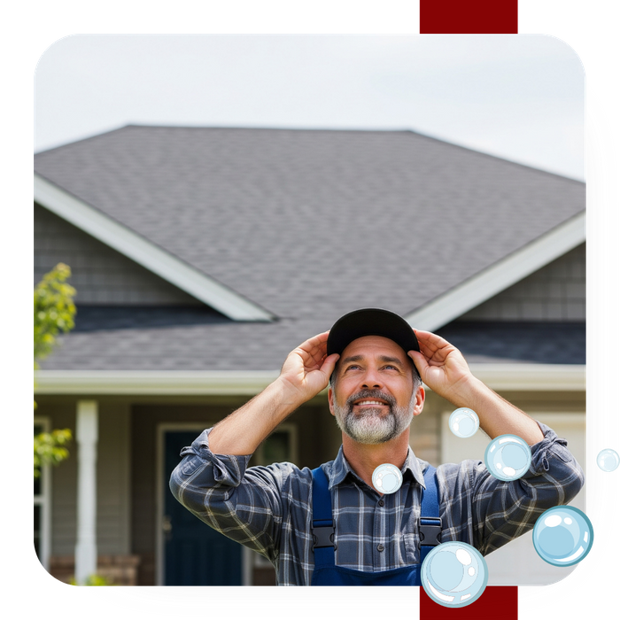 A satisfied homeowner looking up at their clean, well-maintained roof