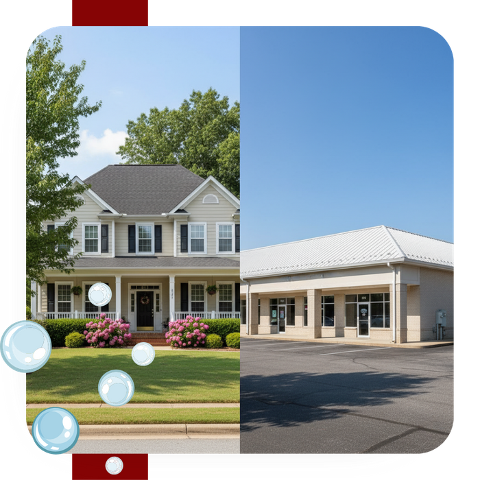 a side-by-side of a residential home and a commercial business