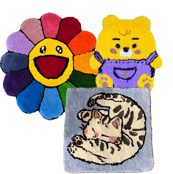 smile flower, teddy bear, sleeping cat rug designs
