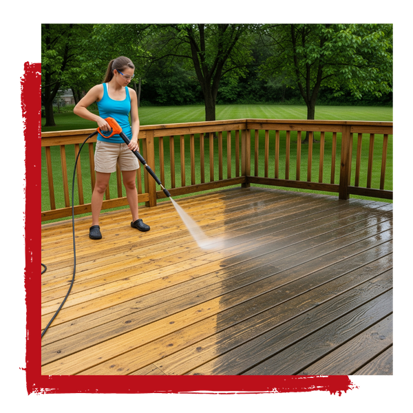 woman power washing a deck