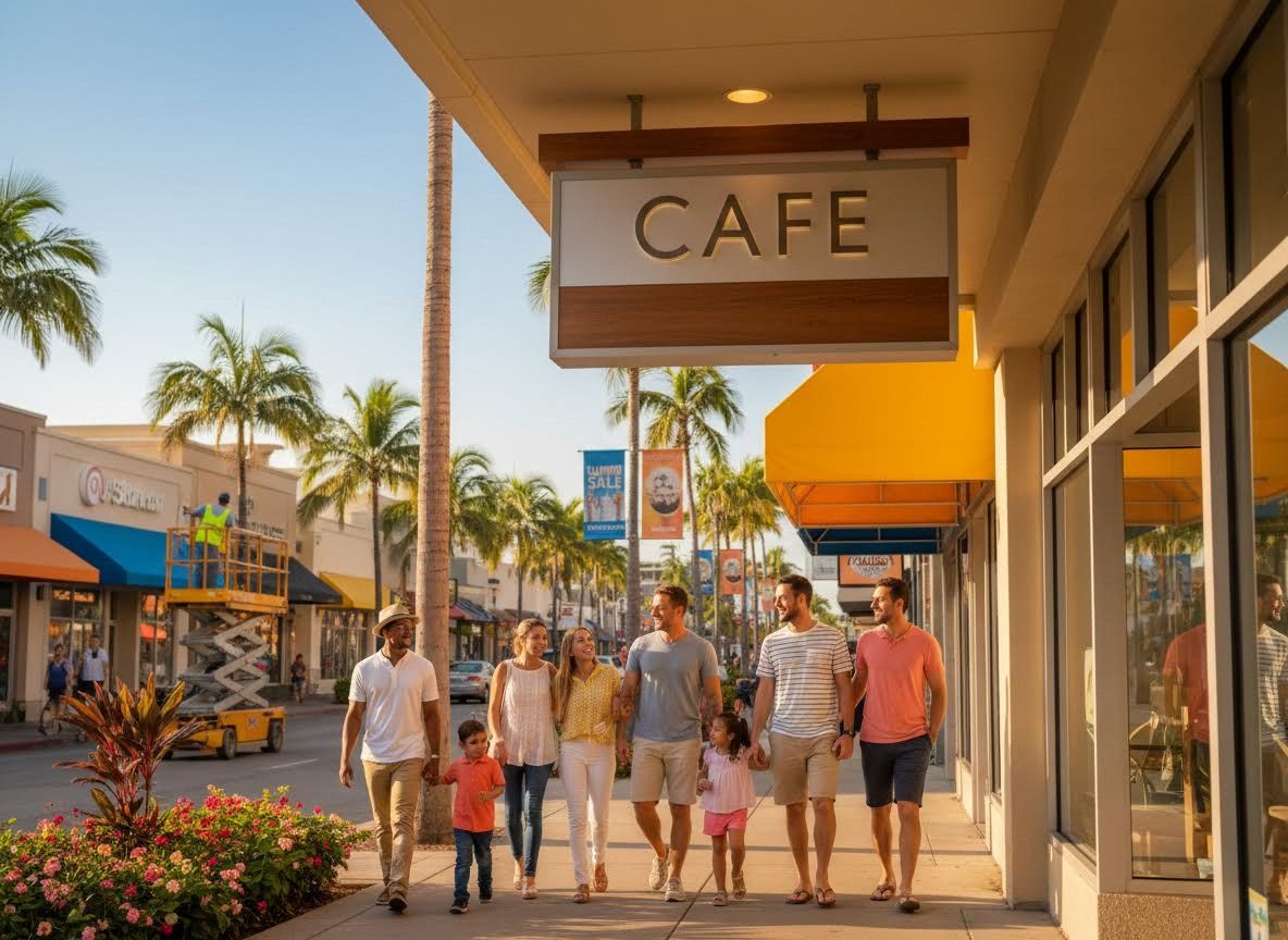 People walking by a cafe and shops on a sunny, palm-lined street