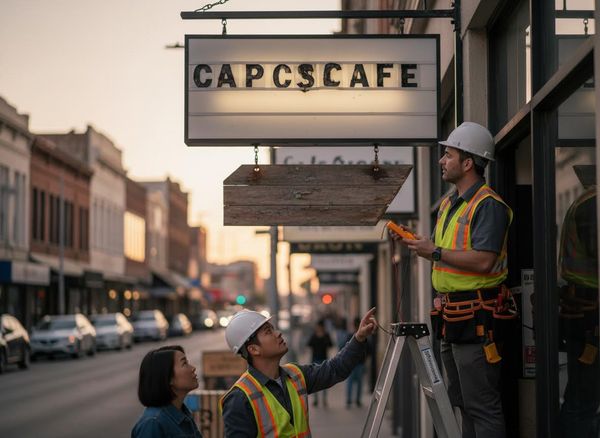 Two electricians and a woman inspect an illuminated 'CAPS CAFE' sign on a city street at dusk. One worker is on a ladder holding a meter. Electricians installing a 'CAPS CAFE' sign
