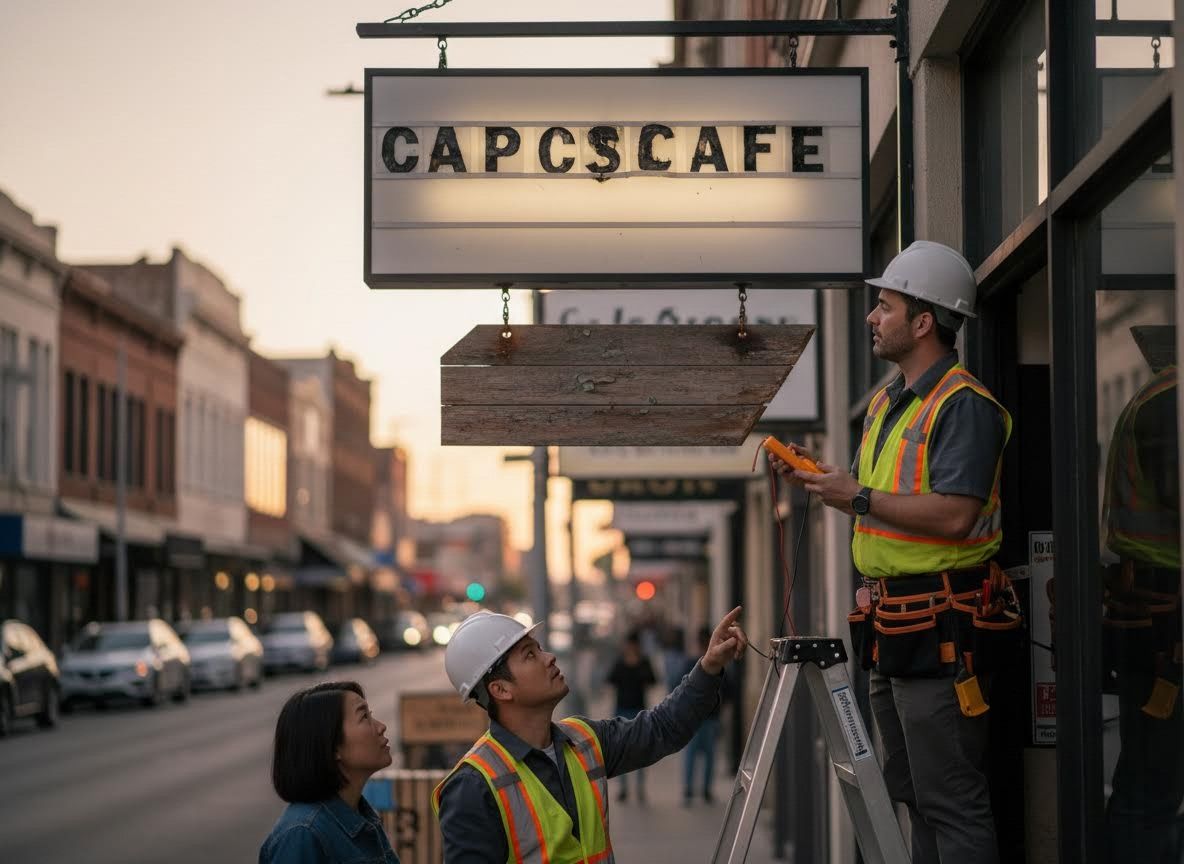 Electricians installing a 'CAPS CAFE' sign