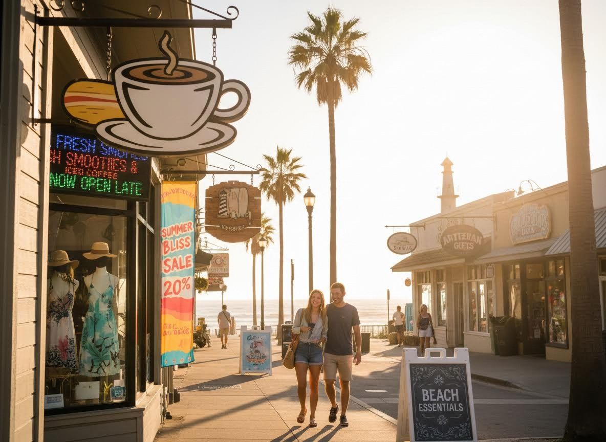 Couple strolling in a sunlit beach town