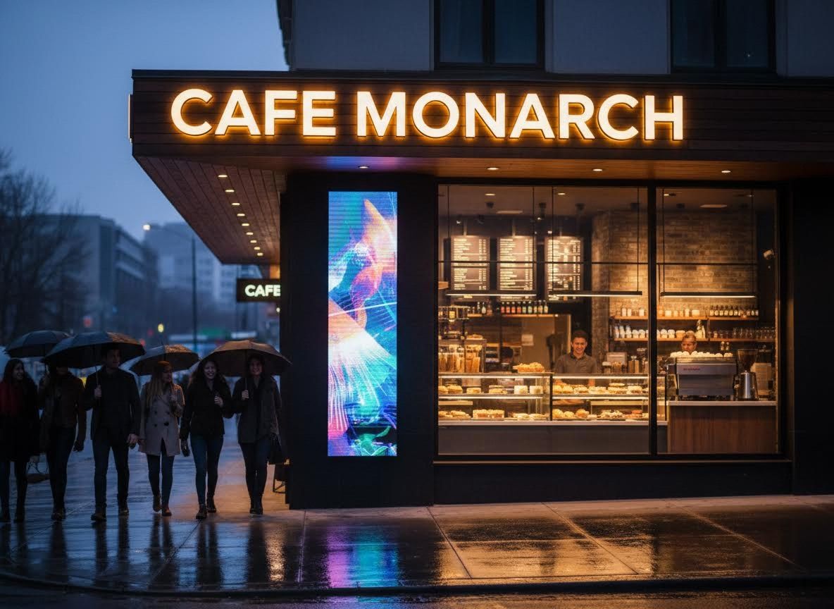 Cafe Monarch storefront on a rainy evening with pedestrians