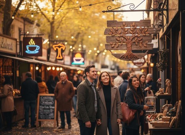 A smiling couple holding hands walks through a bustling autumn street market, looking up at string lights and shop signs. Couple Exploring a Lively Autumn Street Market