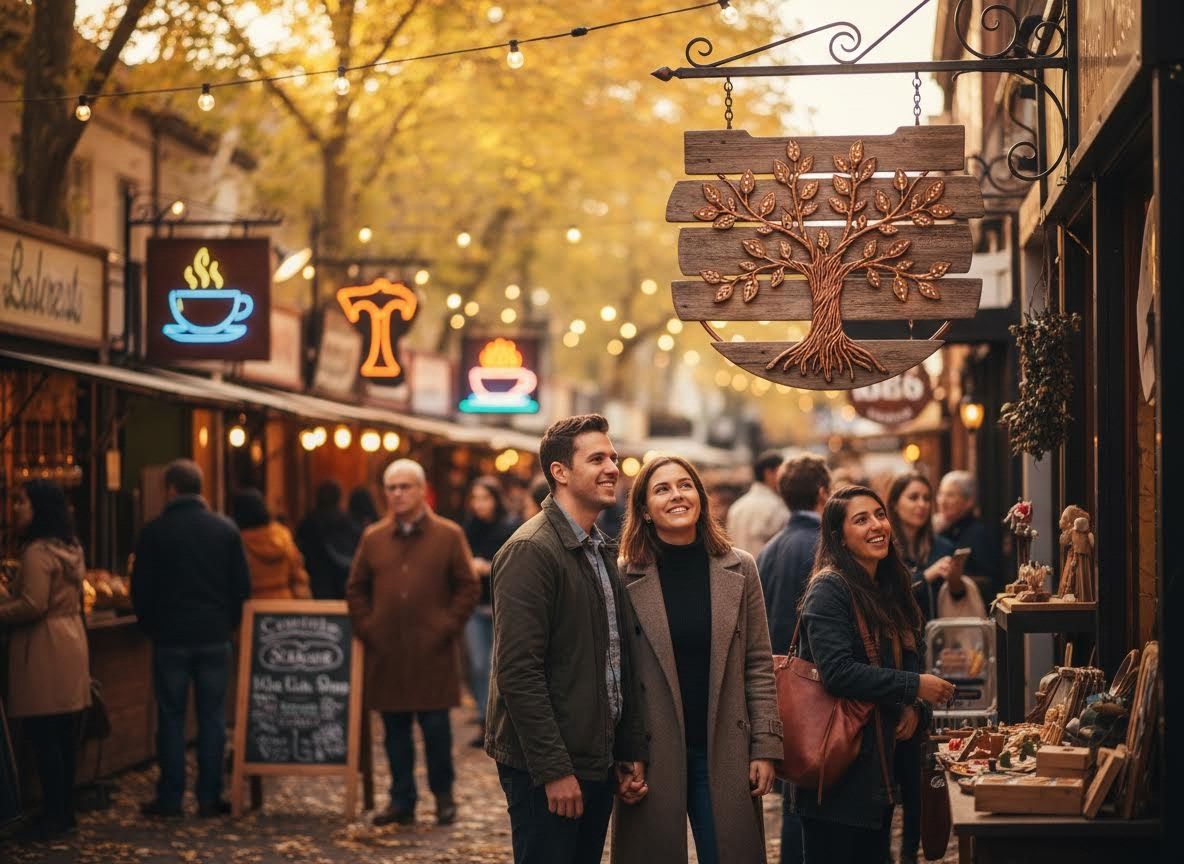 Couple Exploring a Lively Autumn Street Market