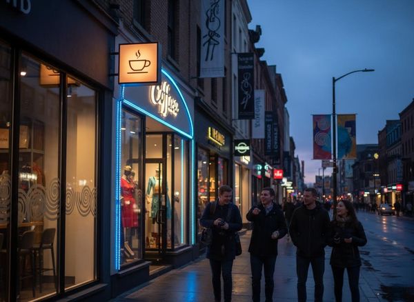 Four friends walk past an illuminated coffee shop with neon signs and mannequins on a wet city street at dusk, with lights reflecting on the pavement. Friends walking past an illuminated coffee shop at dusk