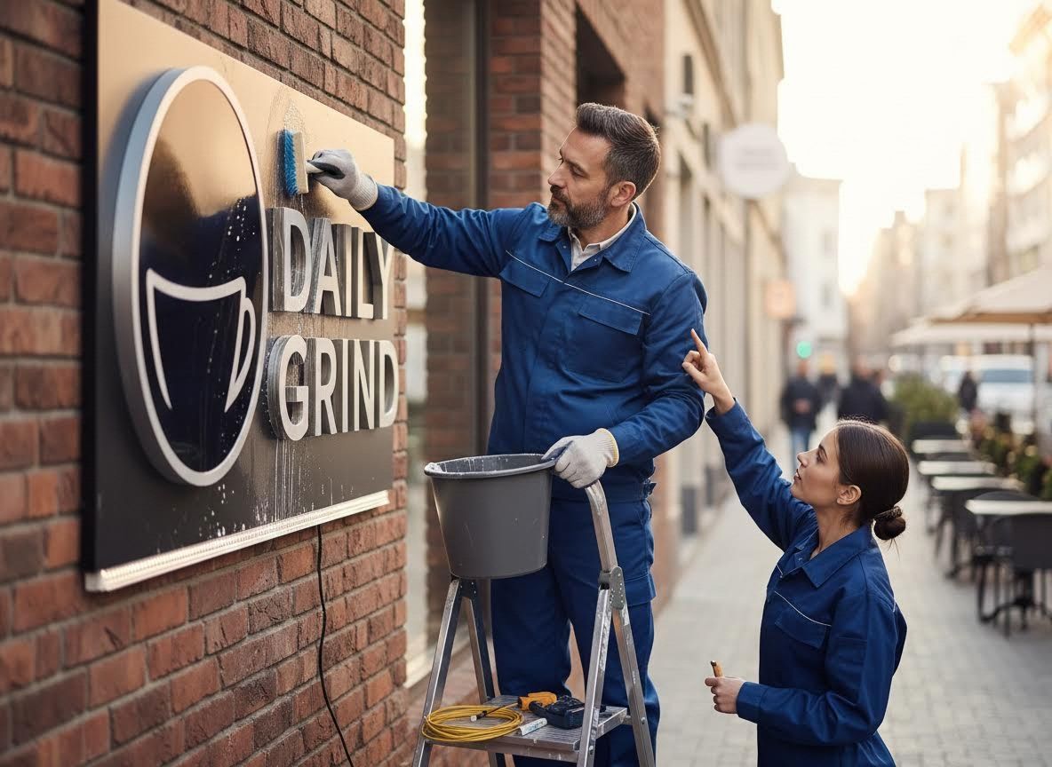 Two workers cleaning a 'Daily Grind' coffee shop sign