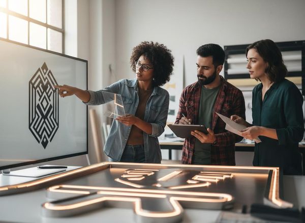 A design team collaborates on a logo. A woman points to a geometric logo on a screen, a man takes notes, and an illuminated sign is on the table. Designers collaborating on a logo project