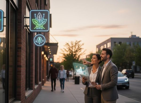 Two professionals view a holographic bar chart on a transparent tablet, standing near neon signs for tech growth and finance on a city street. Business Professionals Engaging with Holographic Technology