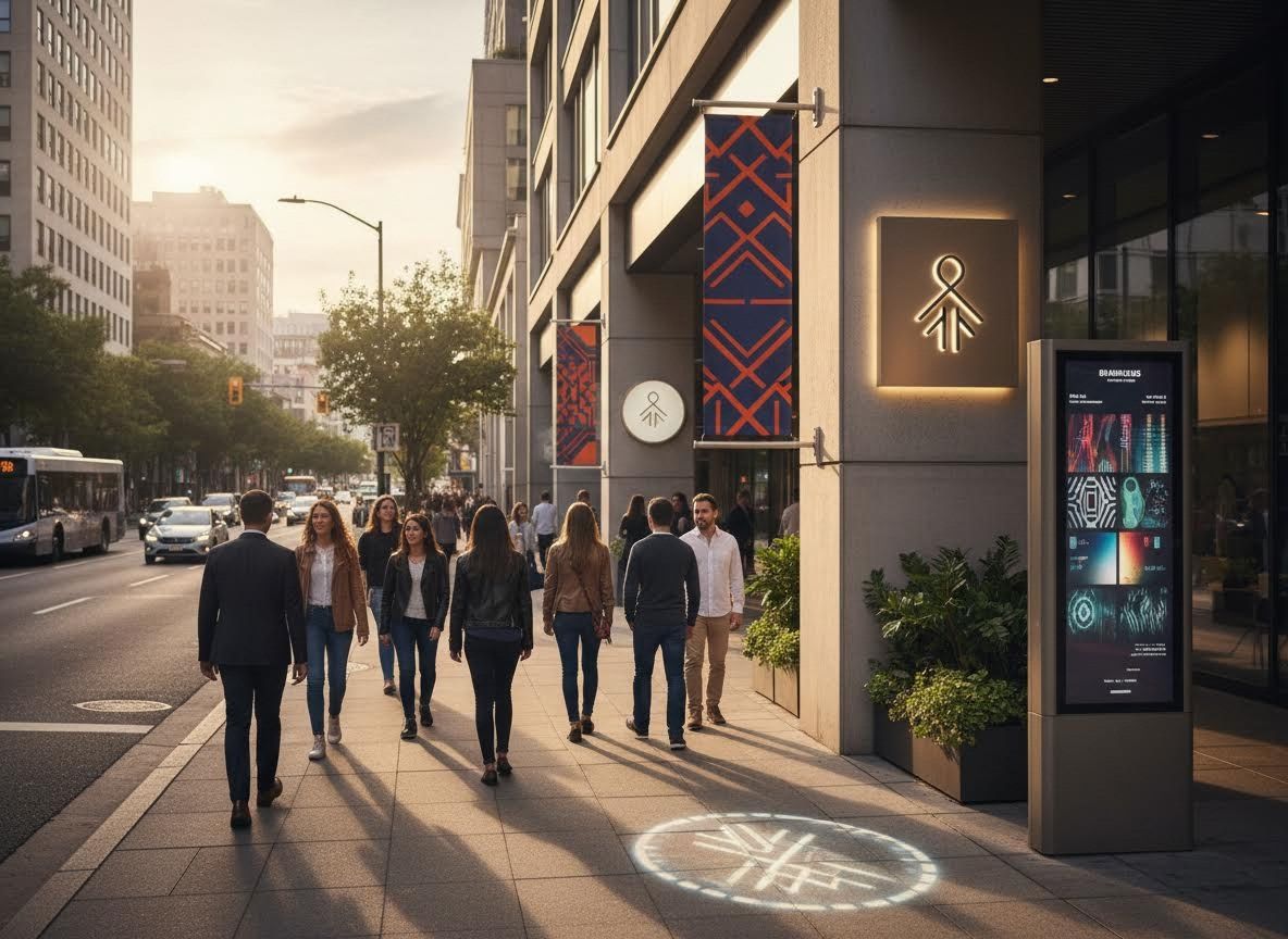 Pedestrians walking past a modern building with distinctive branding at golden hour