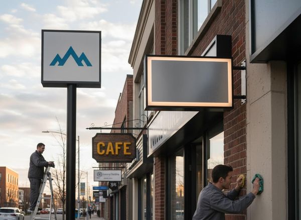 A man on a ladder works on a sign with a blue mountain logo, while another cleans a storefront wall. A 'CAFE' sign is also visible. Two men perform maintenance and installation work on a commercial street