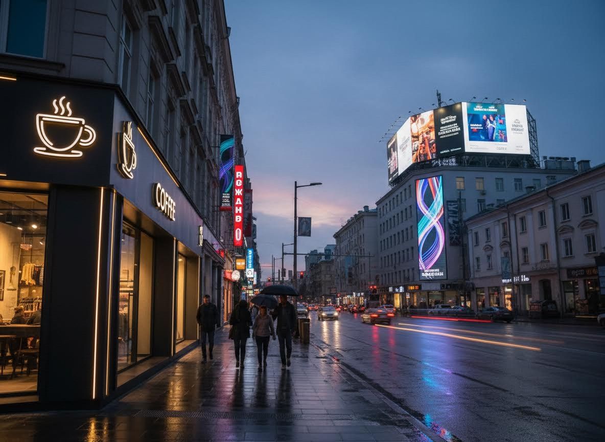 Urban Street Scene at Dusk with Neon Lights and Wet Pavement
