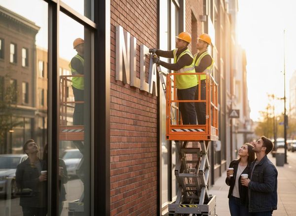 Workers installing a sign on a brick building